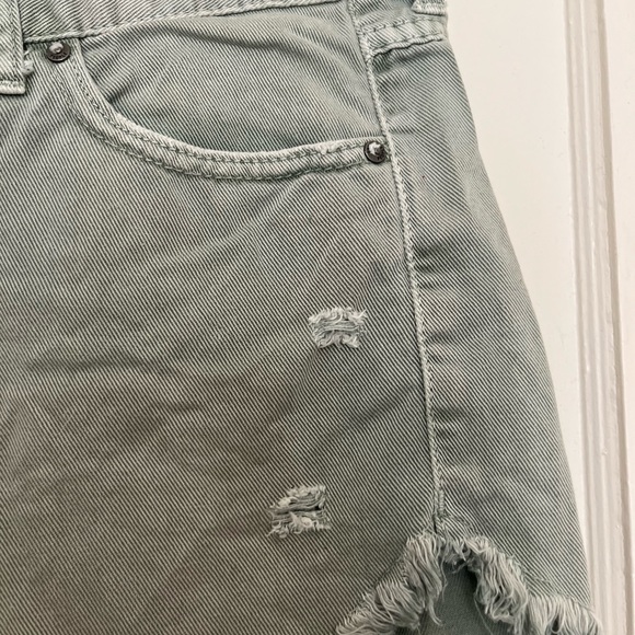 Free People Green Distressed Mid Rise Raw Hem Denim Shorts - Picture 4 of 7